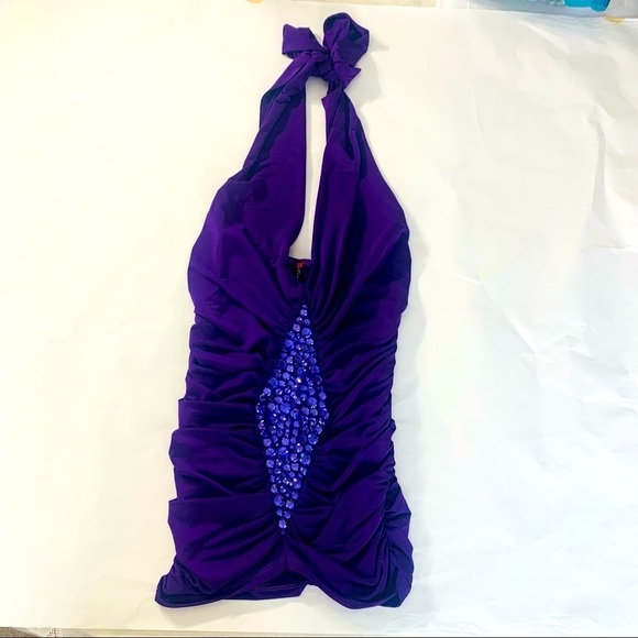 Flamingo Rouched plunging Halter Royal Purple Micro Mini Dress Small jeweled - Picture 1 of 6